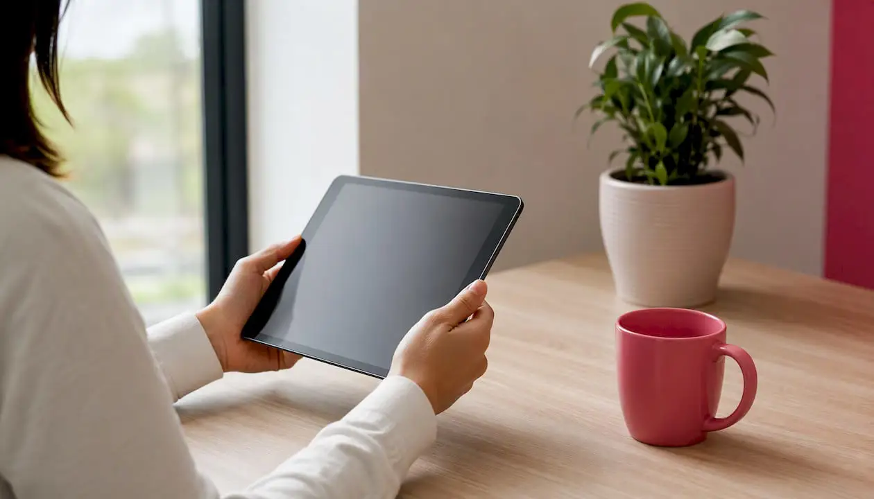 Hands ready to review translated reply on tablet