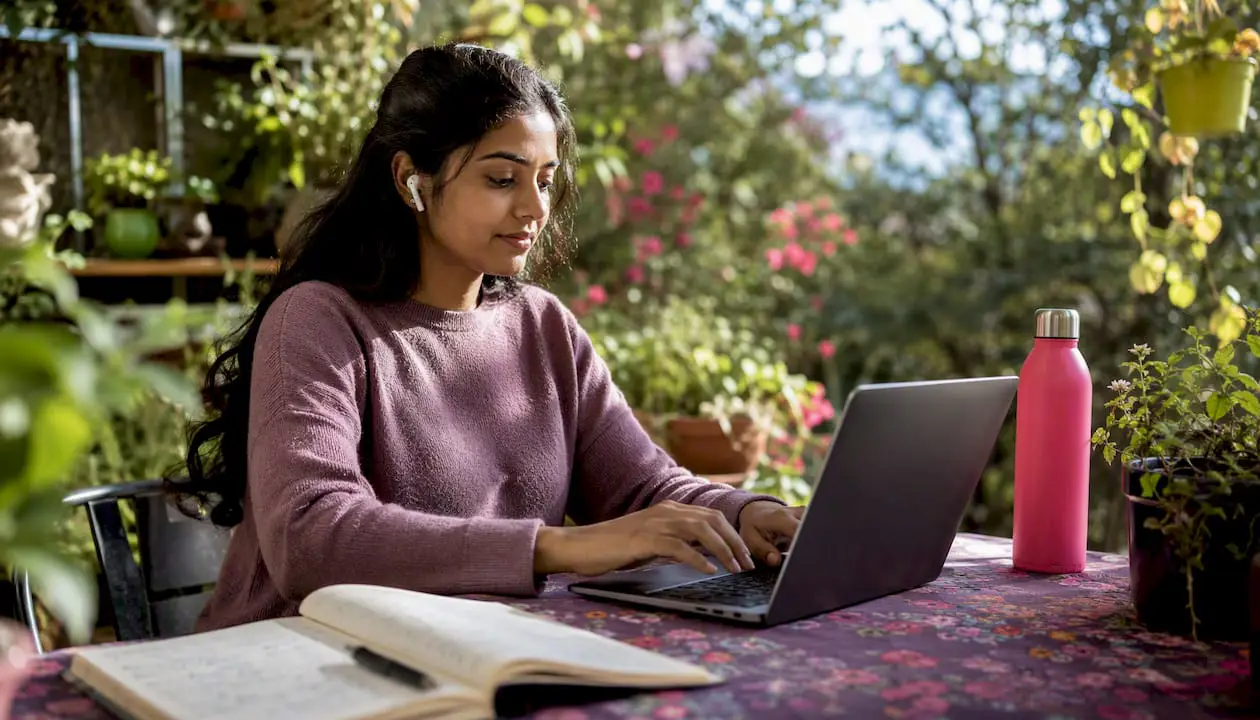 Woman using Gmail shortcuts in café workspace