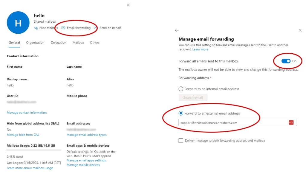 Enable email forwarding on the shared mailbox