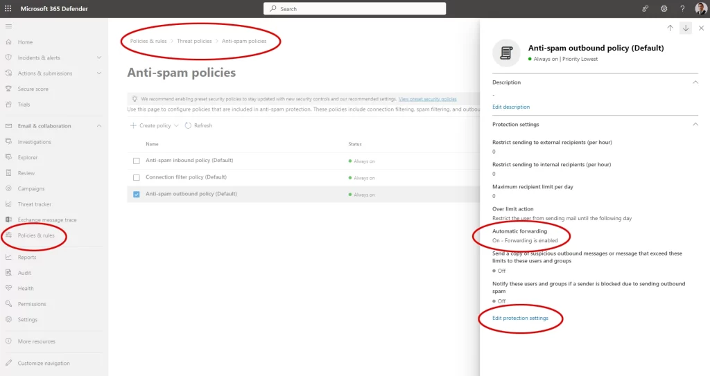 Modify spam policy to allow automatic forwarding to external (third party) domains